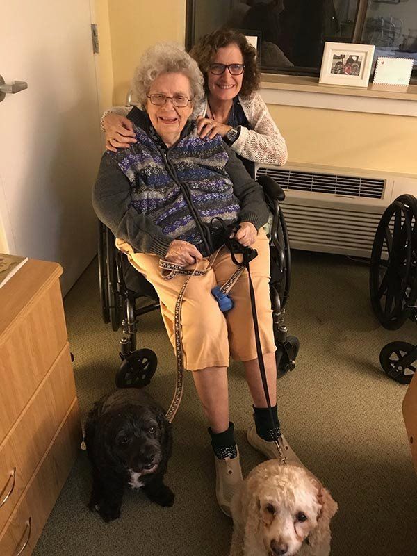 An elderly woman in a wheelchair with two dogs.