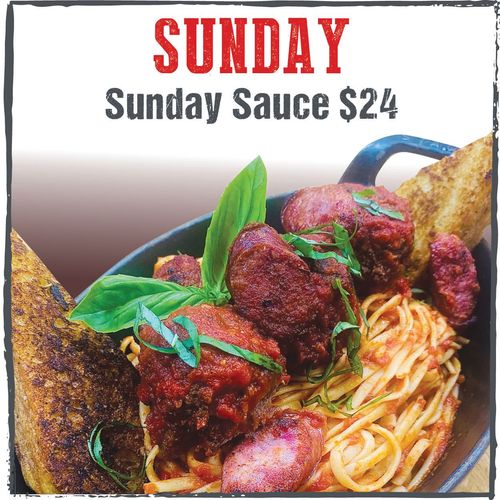 a sunday sauce advertisement with a picture of spaghetti for only $24