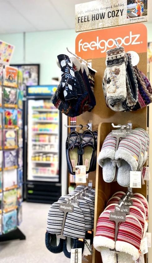 A Display of Slippers and Hats in a Store