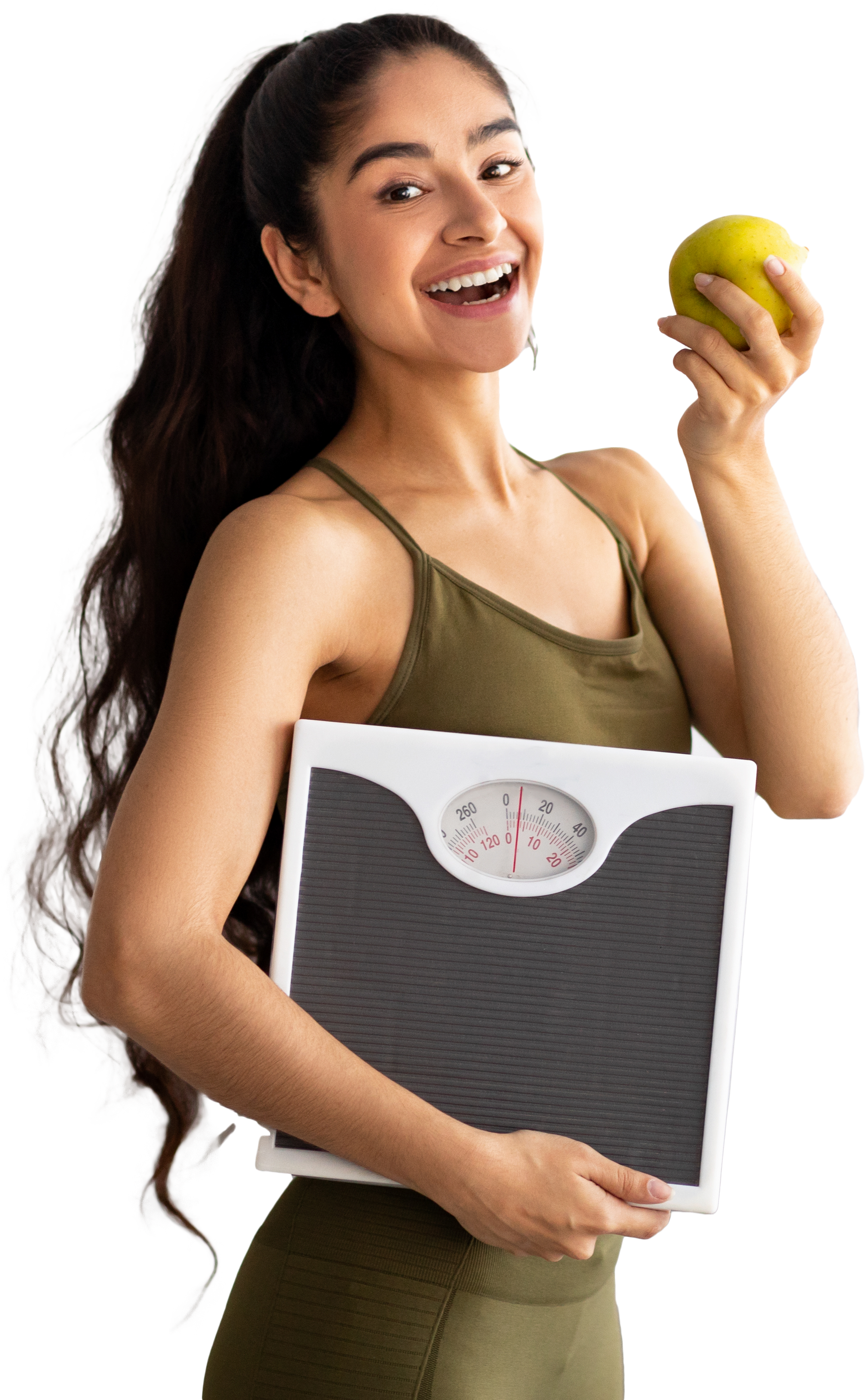 A woman is holding a scale and an apple
