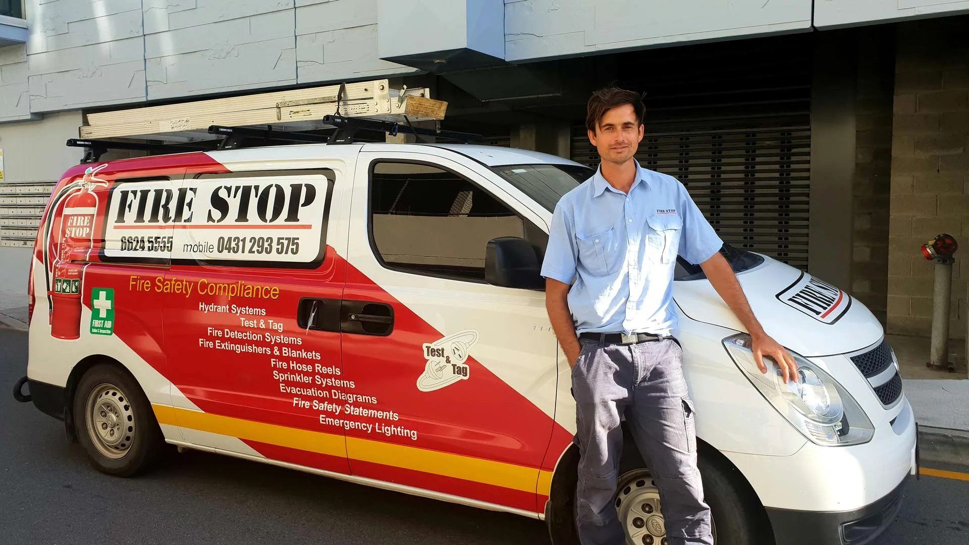 Man with Vehicle of Fire Stop— Fire Protection Services in Goonellabah, NSW