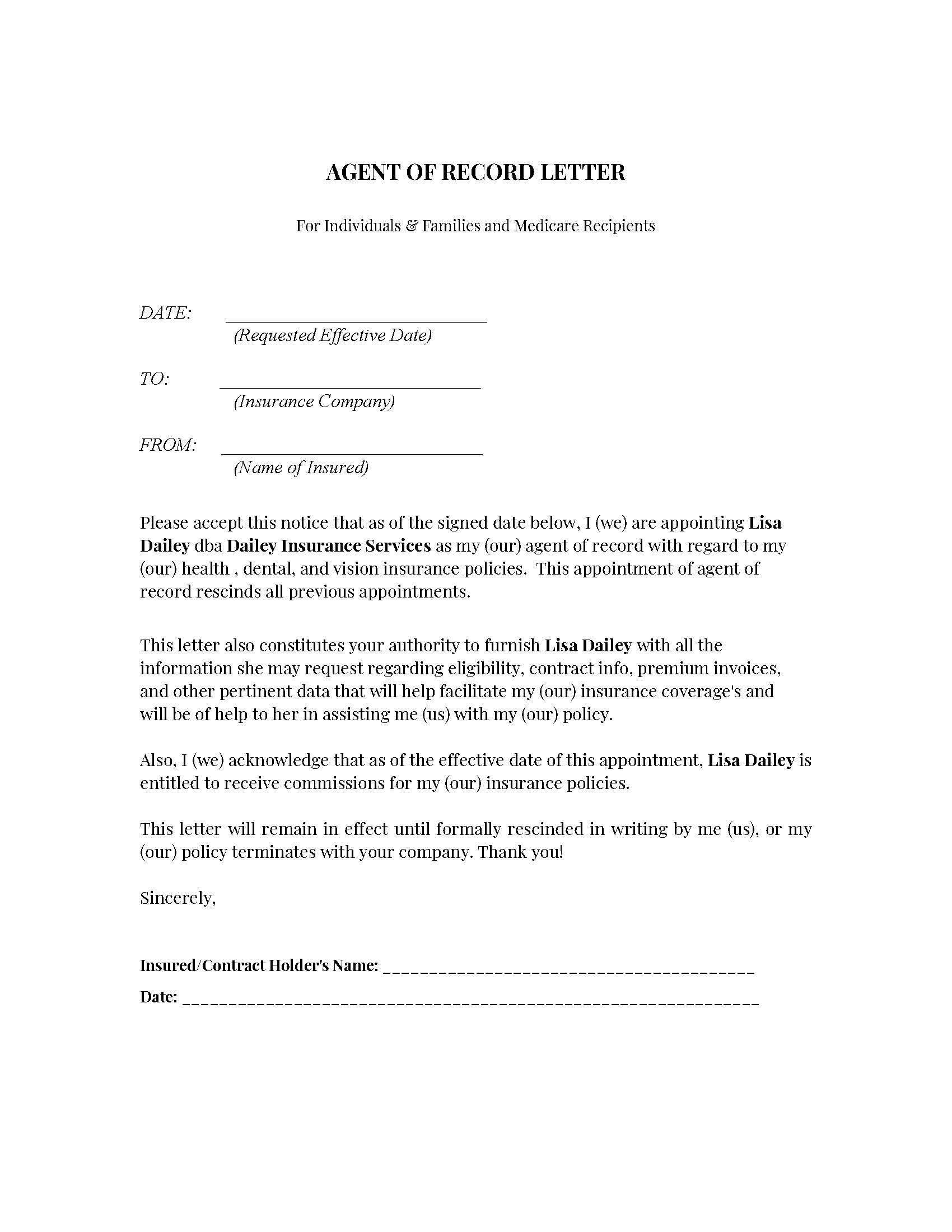 Individual Agent Letter of Record - Lisa Dailey Insurance Services