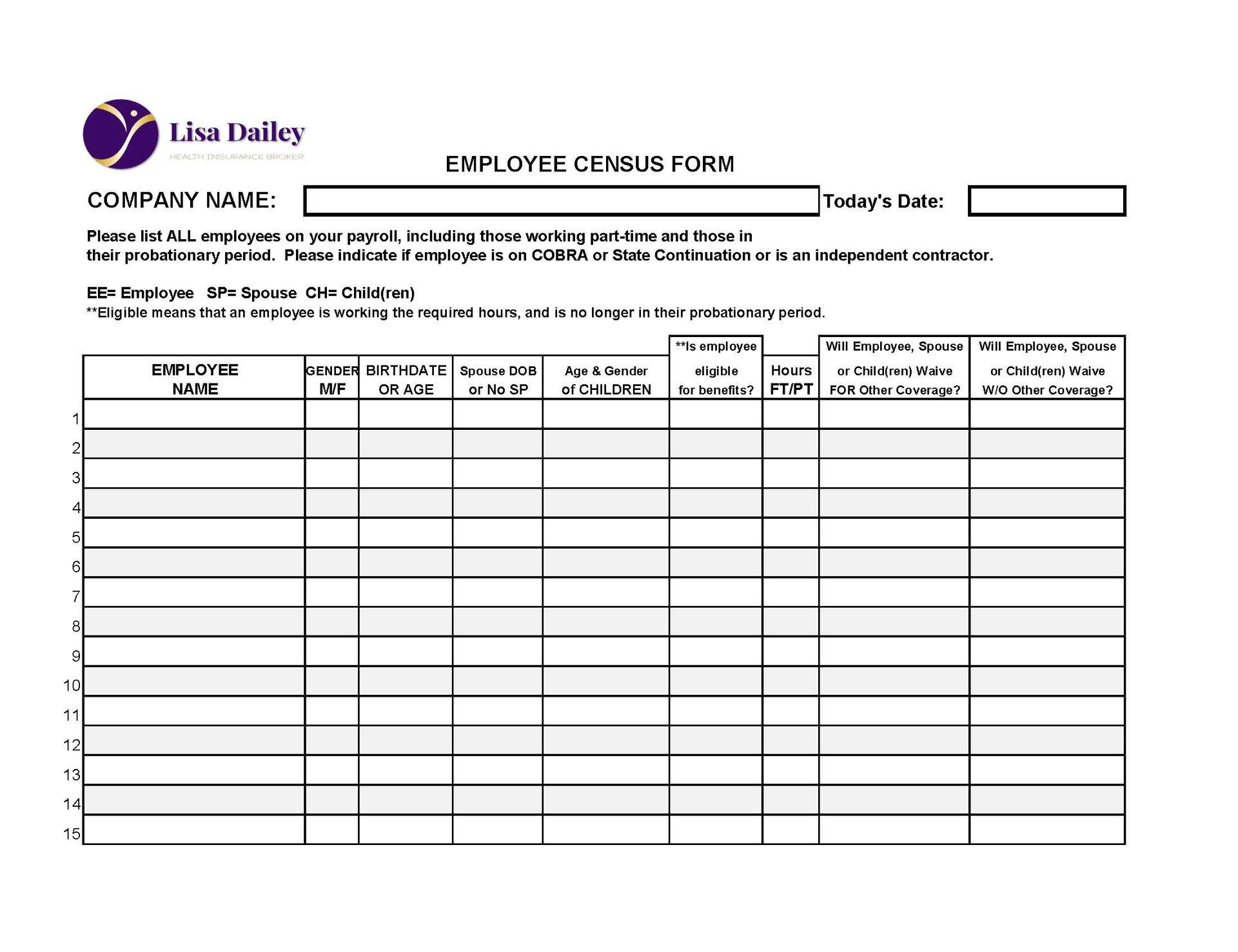 Employee Census Sheet - Lisa Dailey Insurance Services
