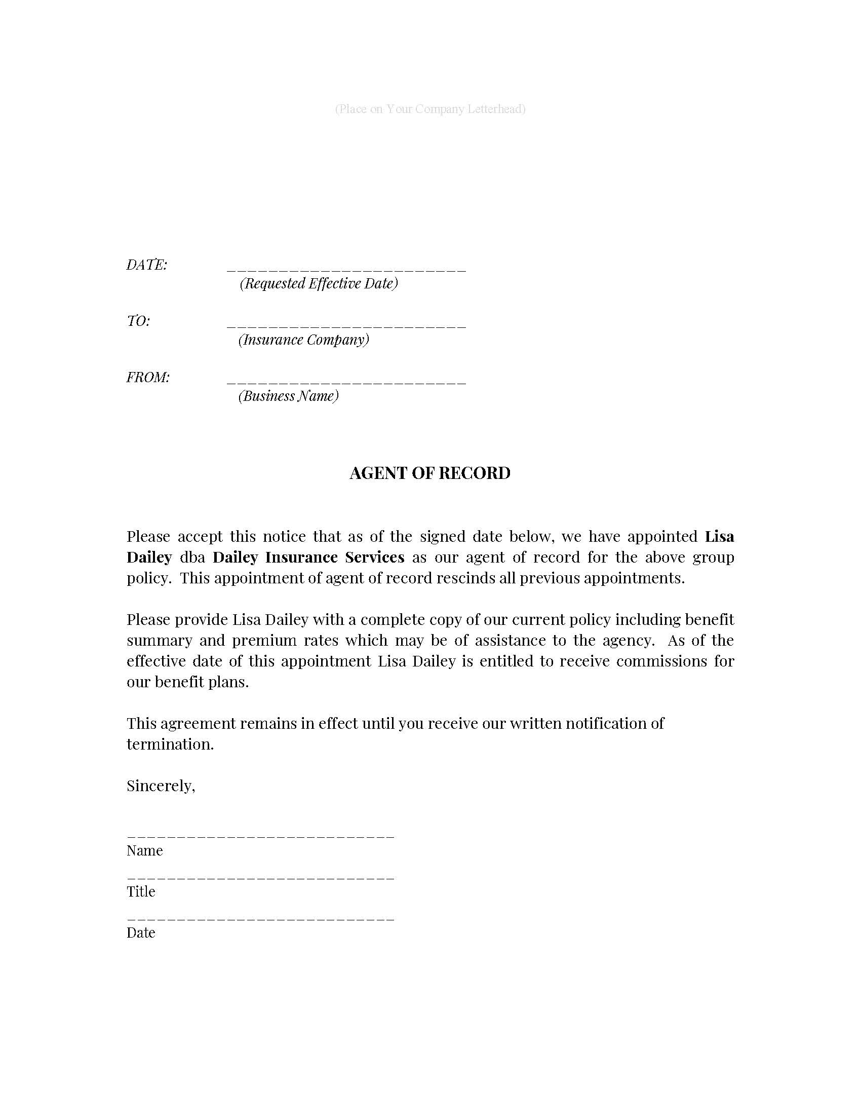Small Employer Agent Letter of Record - Lisa Dailey Insurance Services