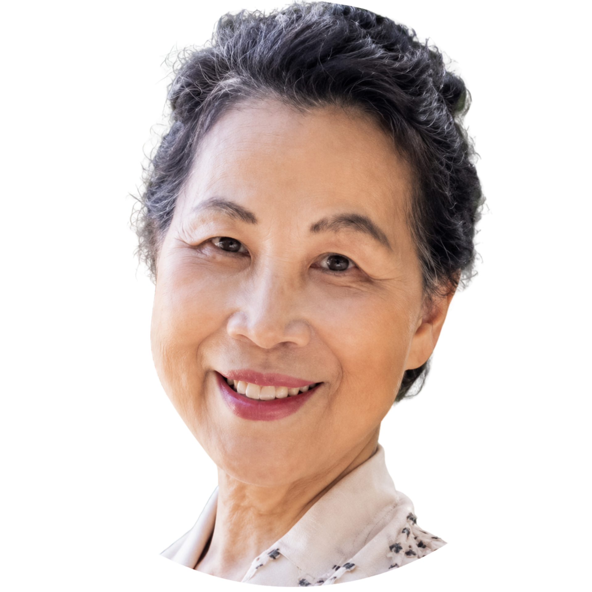 Smiling woman with short dark hair on a white background