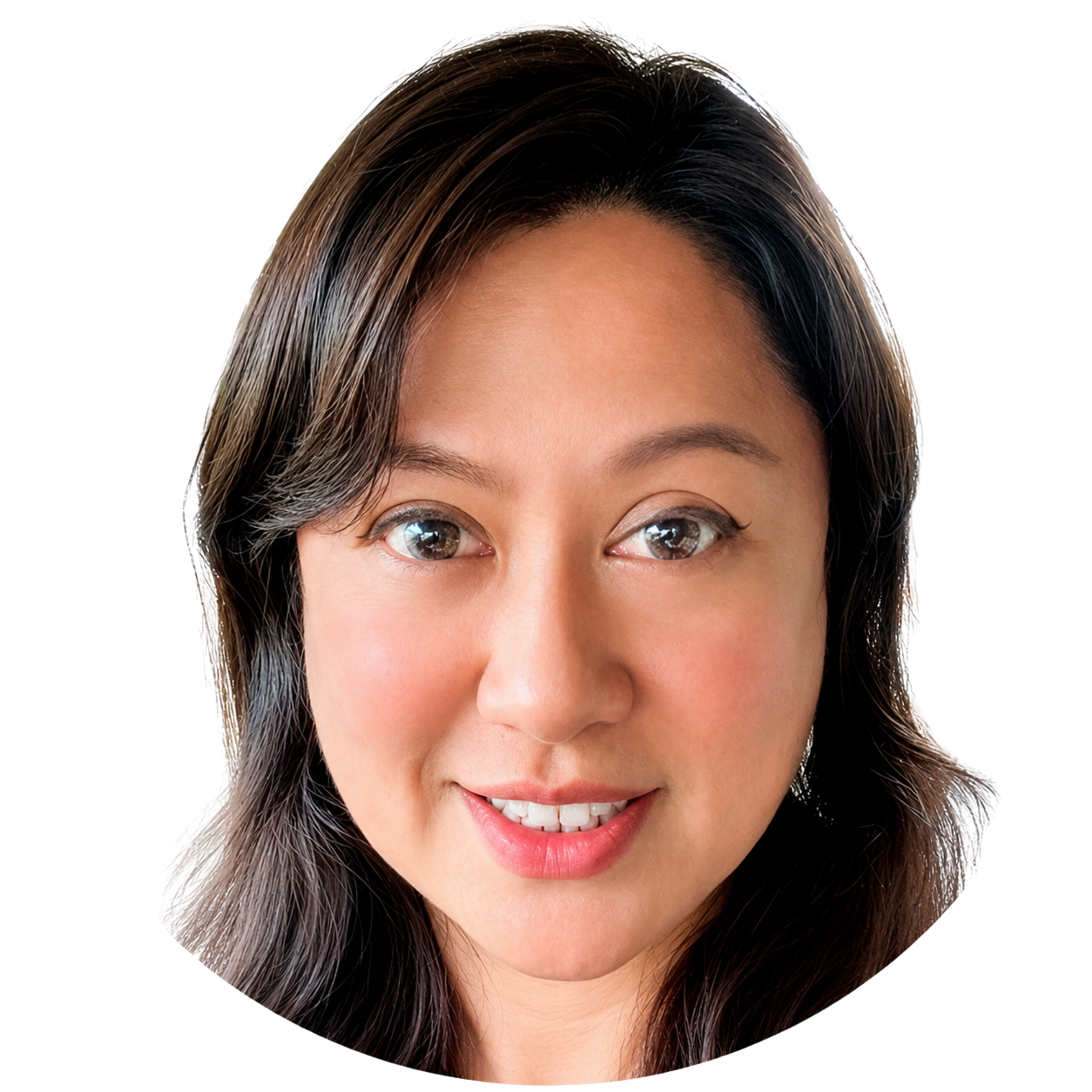 Close-up portrait of a smiling woman with dark hair on a white background