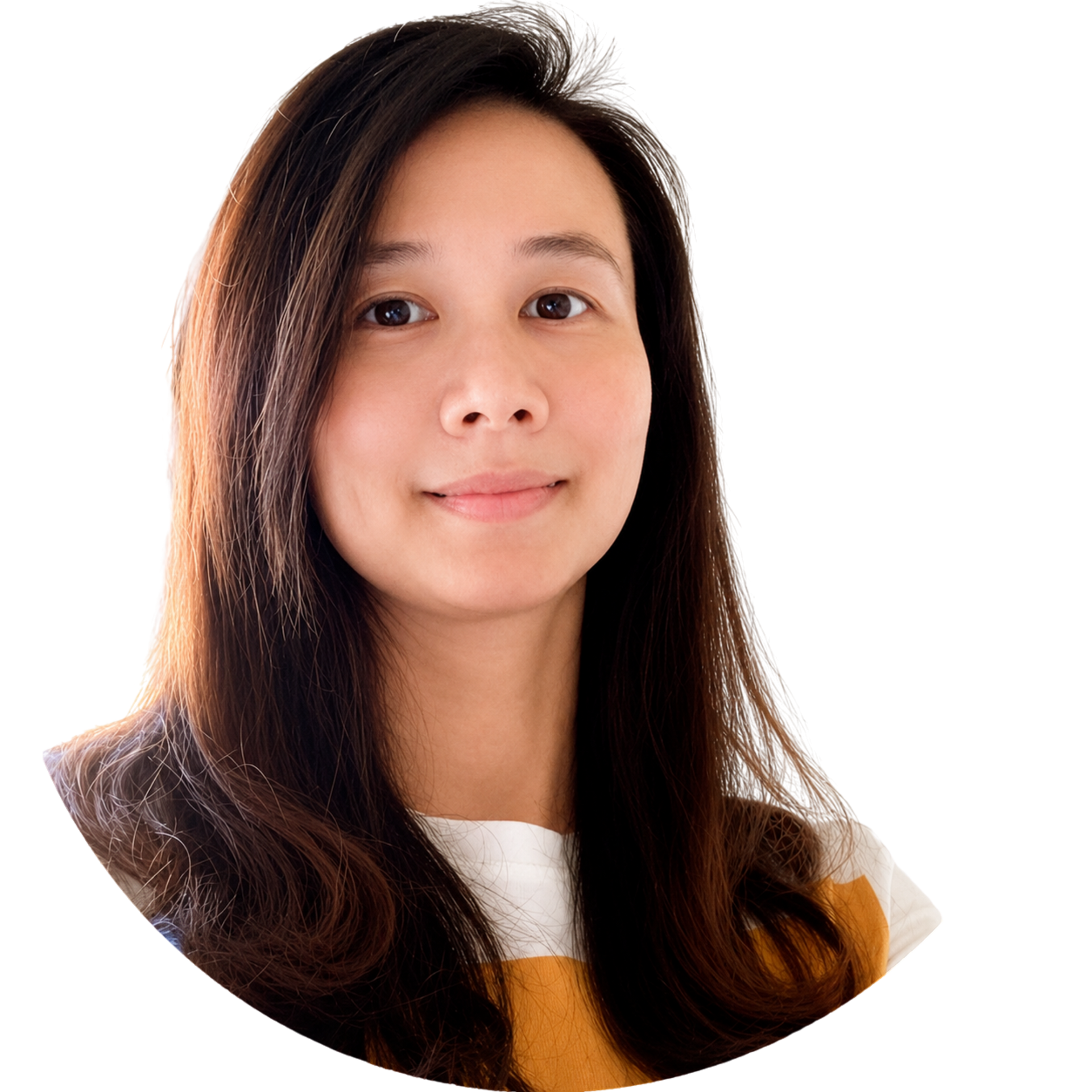Portrait of a smiling woman with long dark hair on a white background
