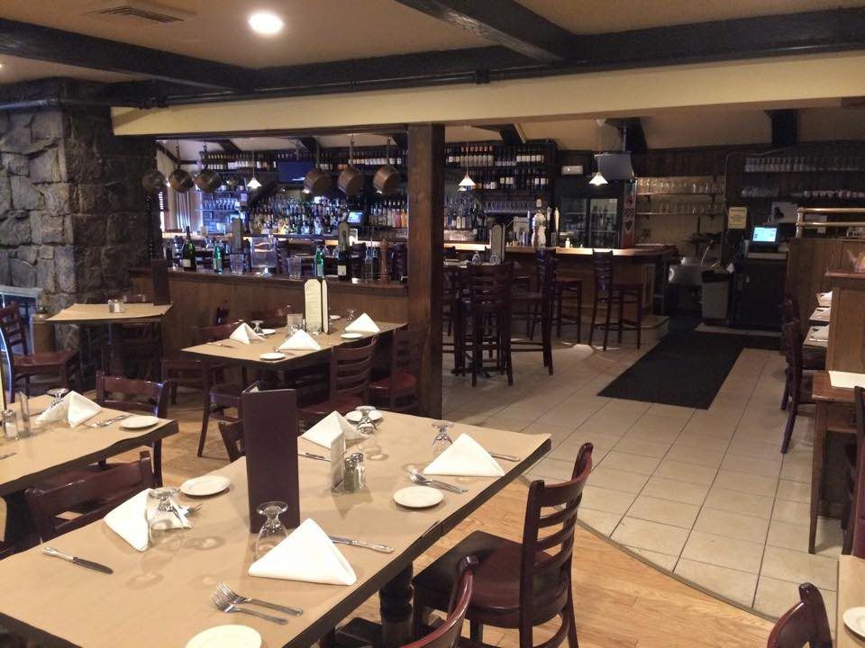 A restaurant with tables and chairs and a bar