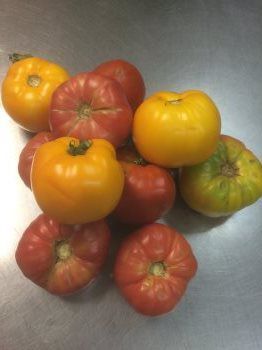 A bunch of tomatoes are sitting on top of each other on a table.