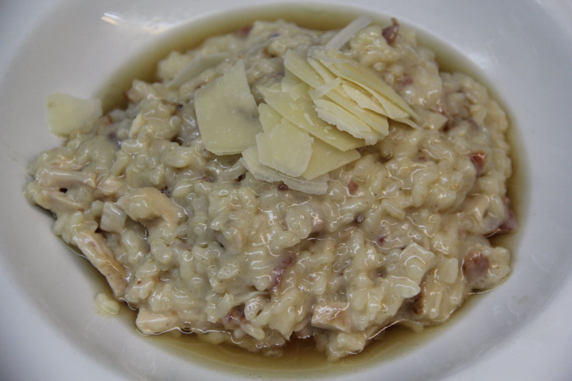 A close up of a bowl of risotto with cheese on top.