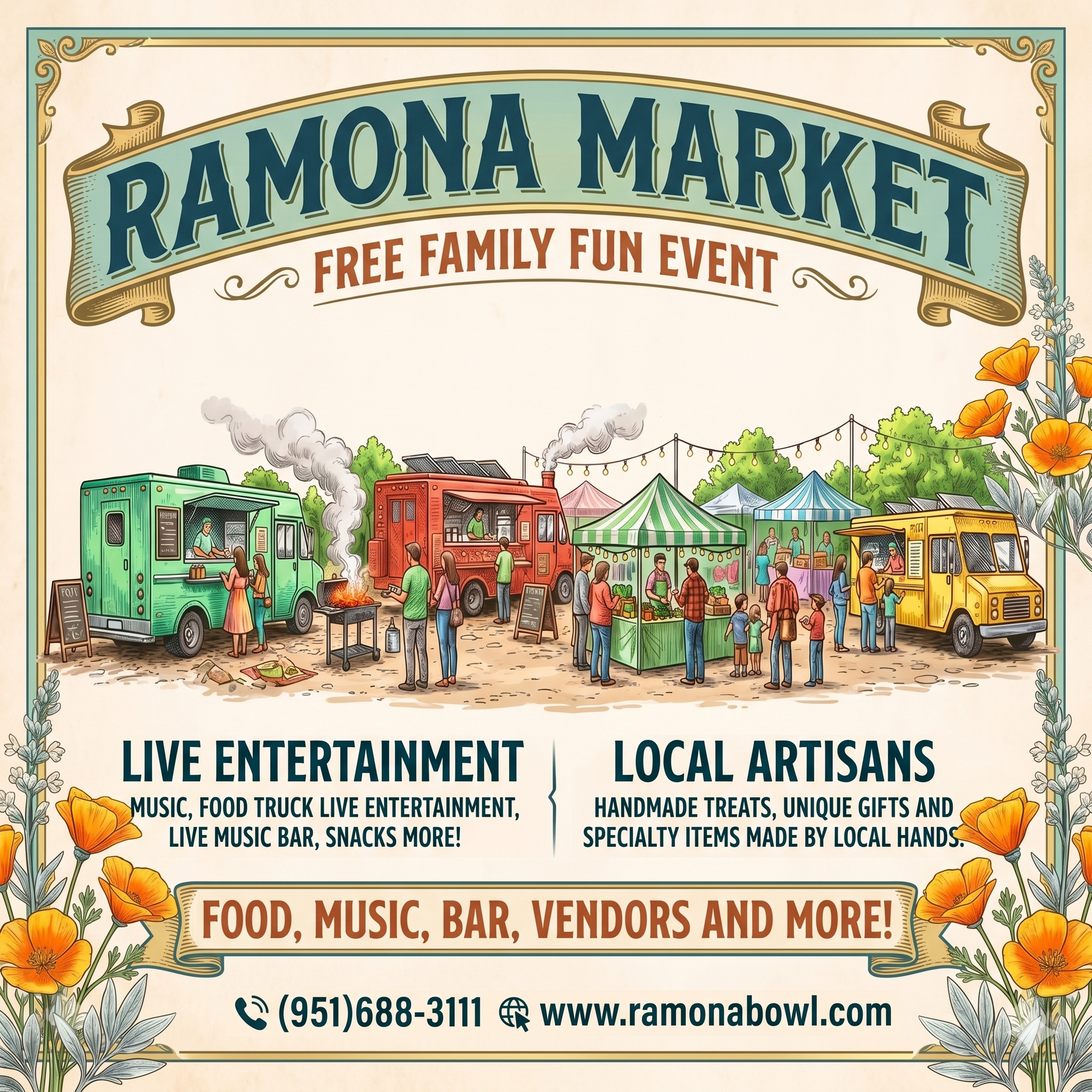Ramona Market poster with black text and produce; Saturday May 30, Ramona Bowl Amphitheatre, 4-9 PM.