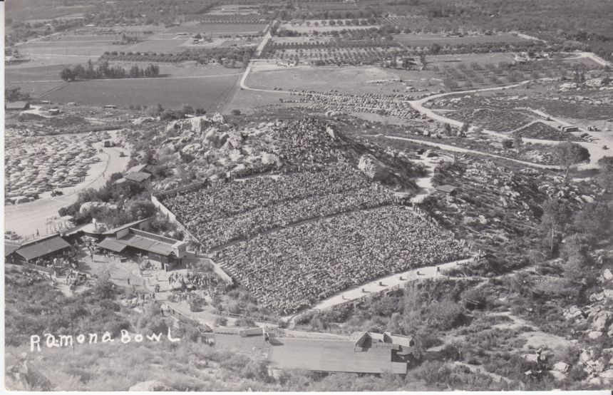 Historical postcard showing the Ramona Bowl Amphitheatre during a performance of 