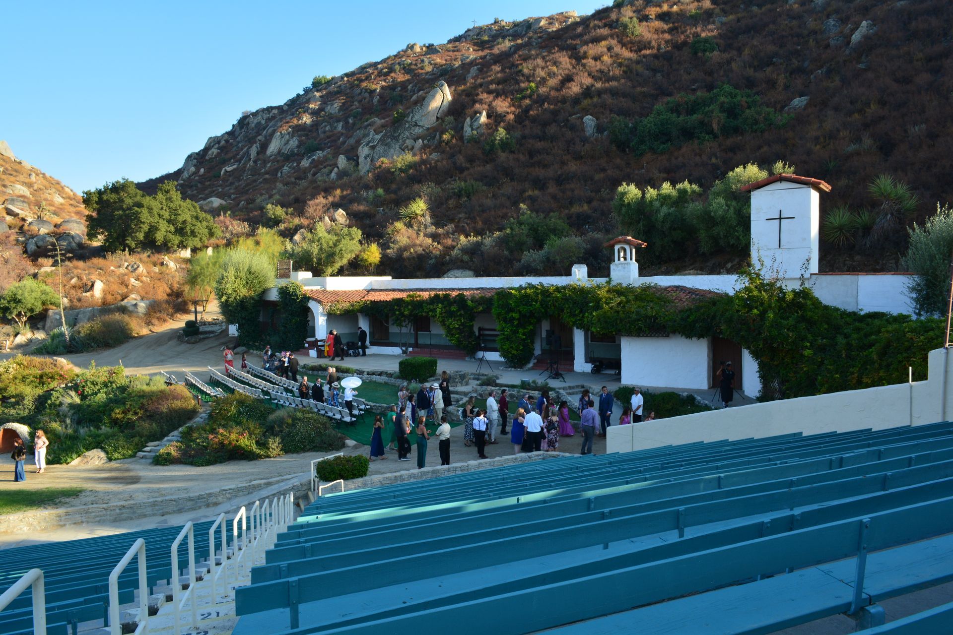 Photo looking down on a wedding at the Hacienda stage set of 