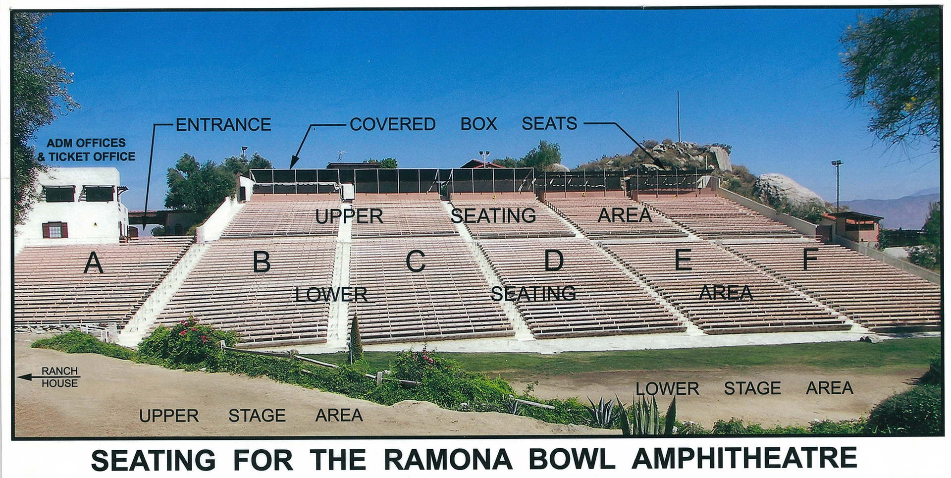 Diagram of the Ramona Bowl Amphitheatre seating, labeled with stage, tiers, and sections under a blue sky