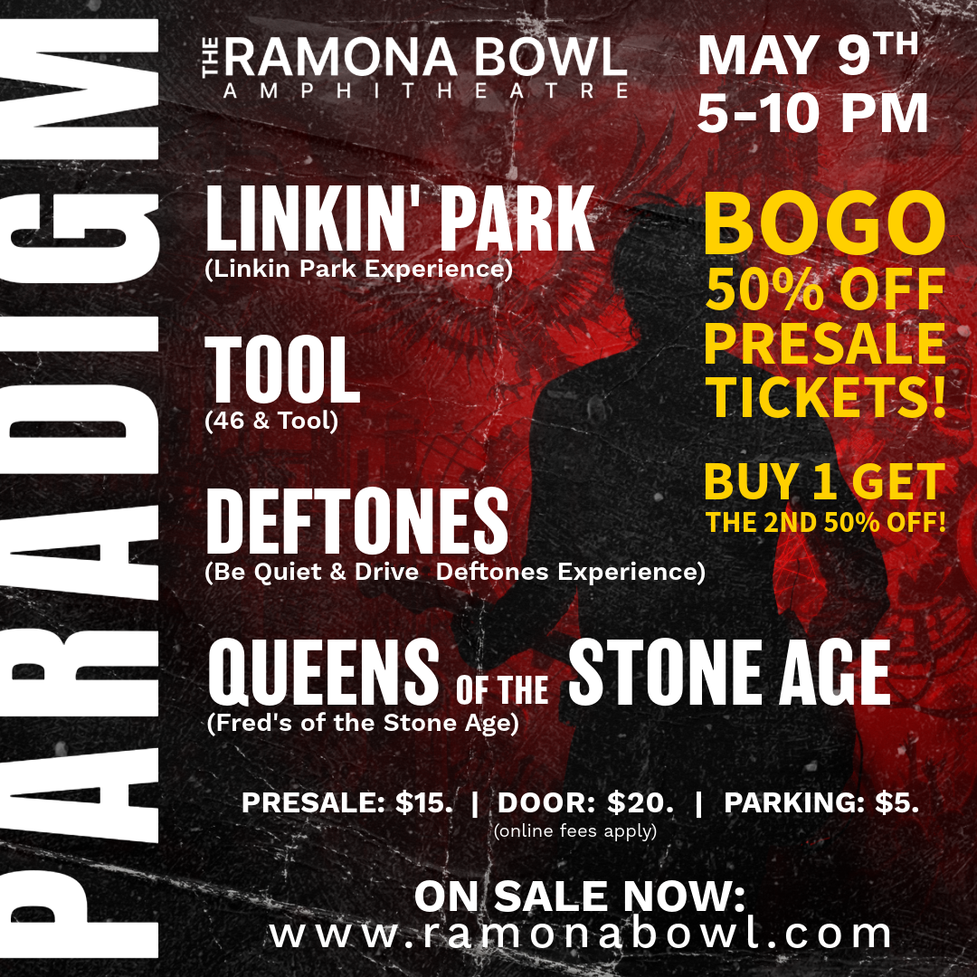Concert poster for The Ramona Bowl, May 9, 6–10 PM, featuring Linkin Park, Tool, Deftones, and Queens of the Stone Age