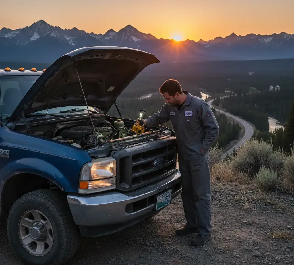Mechanic in coveralls inspecting a Ford truck engine with mountains and sunset in the background.