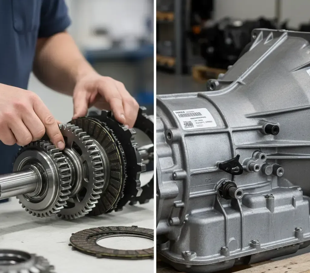 Two-part image: mechanic with gears and a new silver transmission.