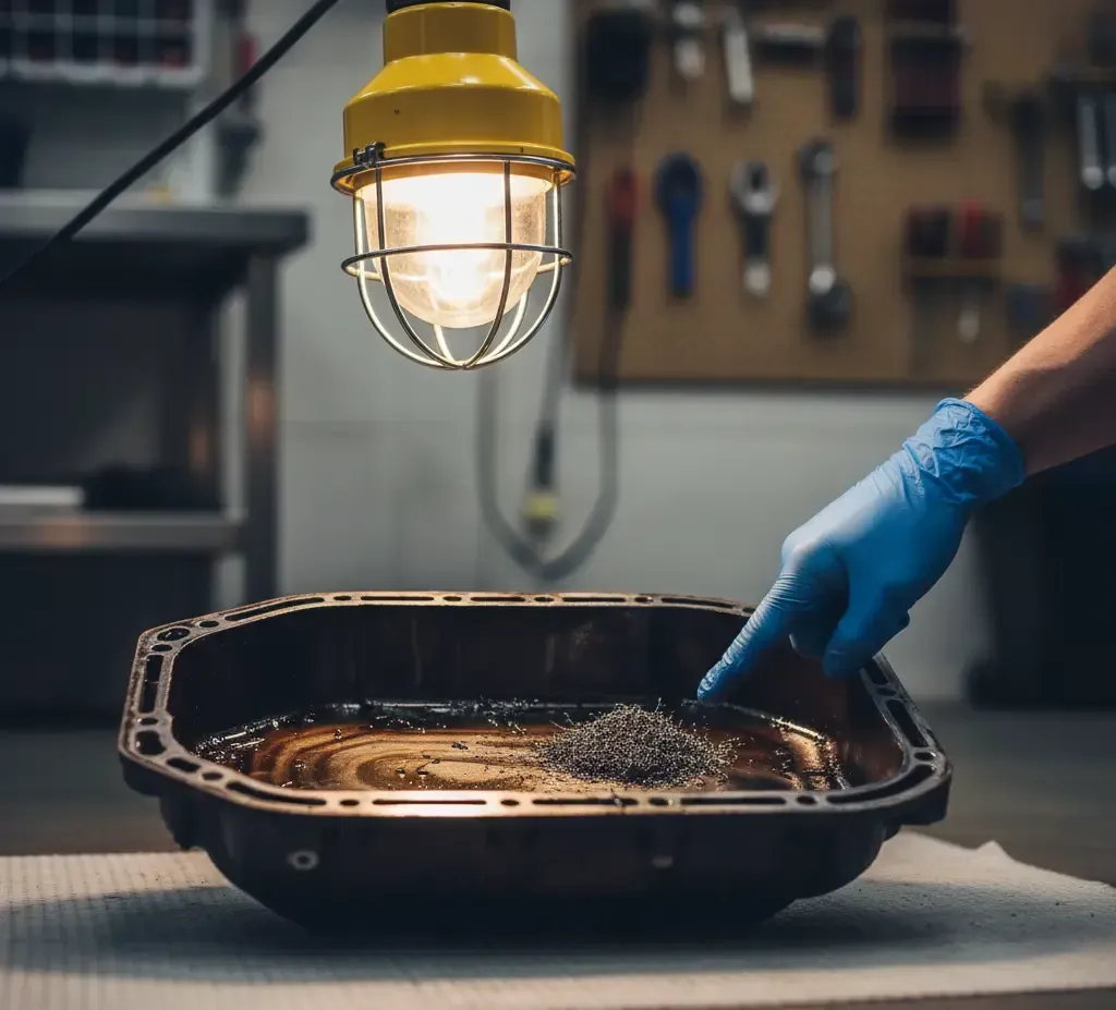 Hand in blue glove points to metal shavings in an oil pan under a bright work light. Workshop setting.