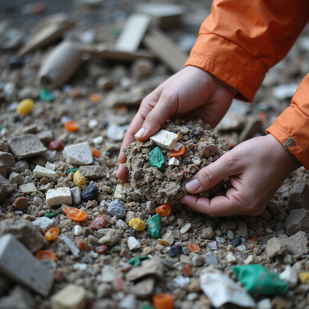 Hands holding a clump of soil and small, colorful plastic fragments; outdoors.