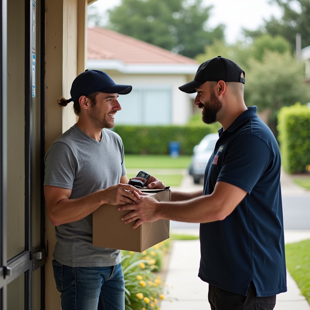 Man receiving a package from delivery person at a house. Both are wearing hats and smiling.