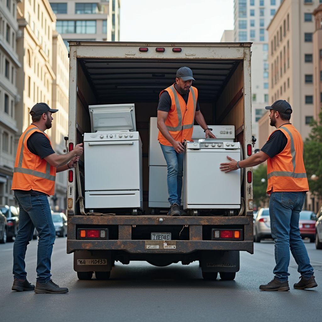 Three workers loading appliances into a truck on a city street.