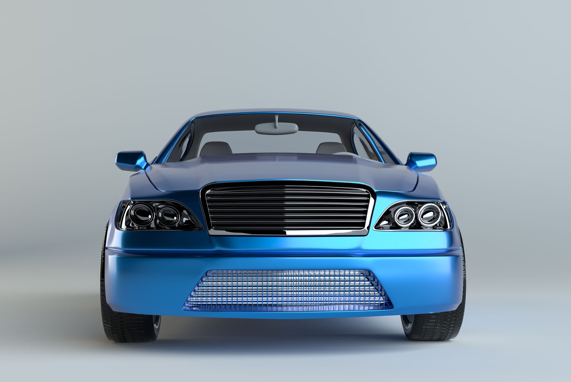 Blue sedan, front view, on a white backdrop.