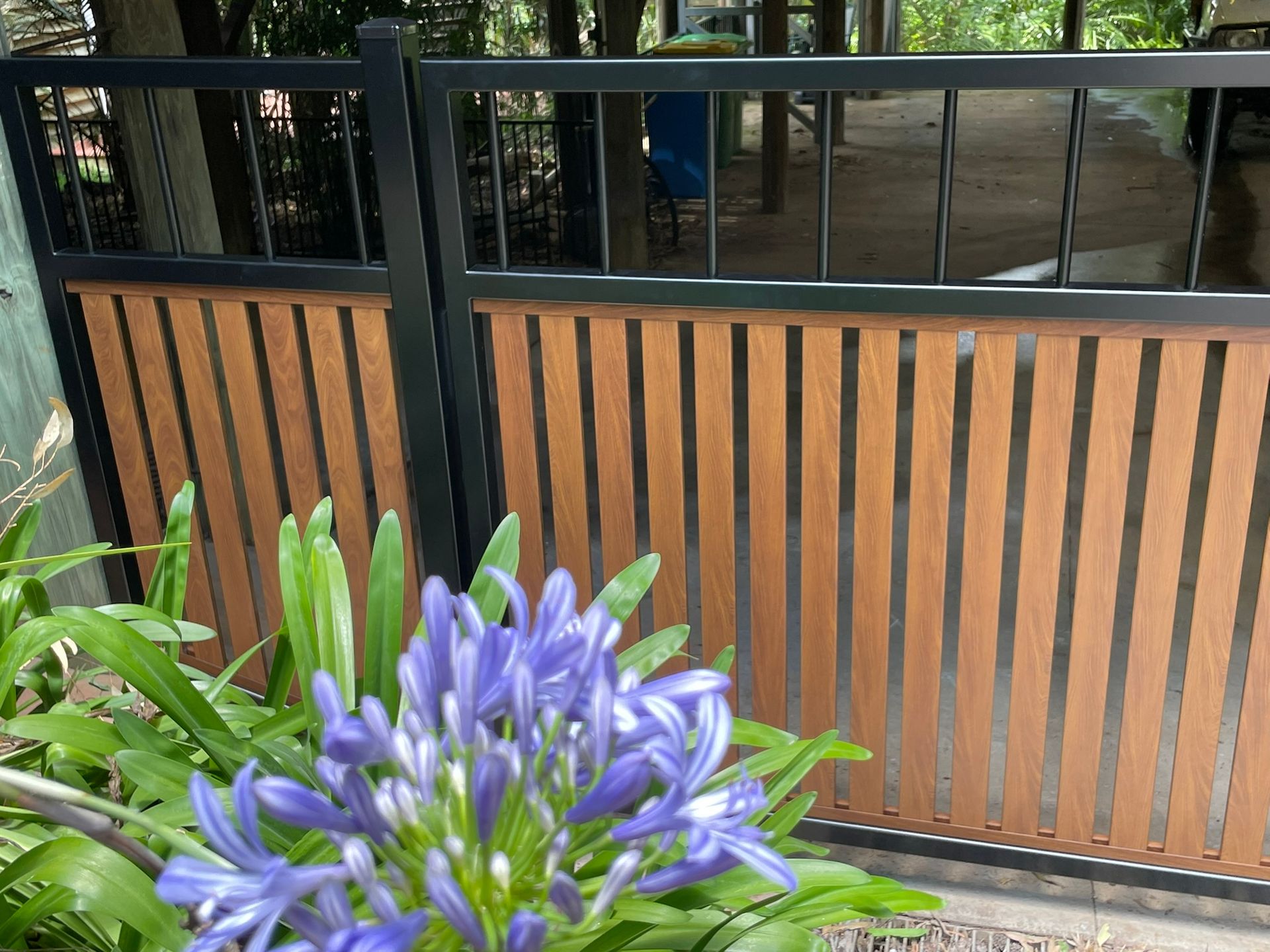 A purple flower is in front of a wooden fence.