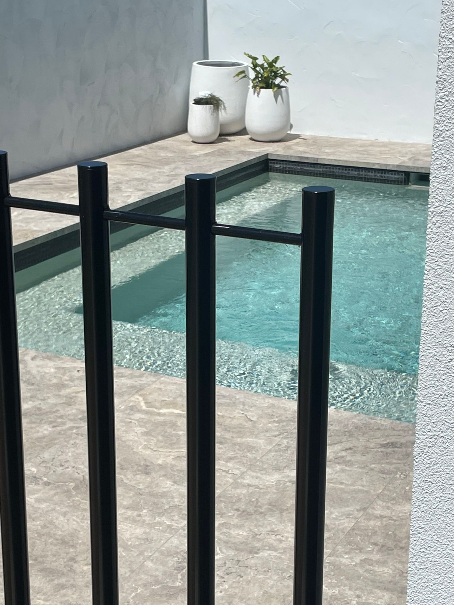 A fence surrounds a swimming pool with potted plants on the side.