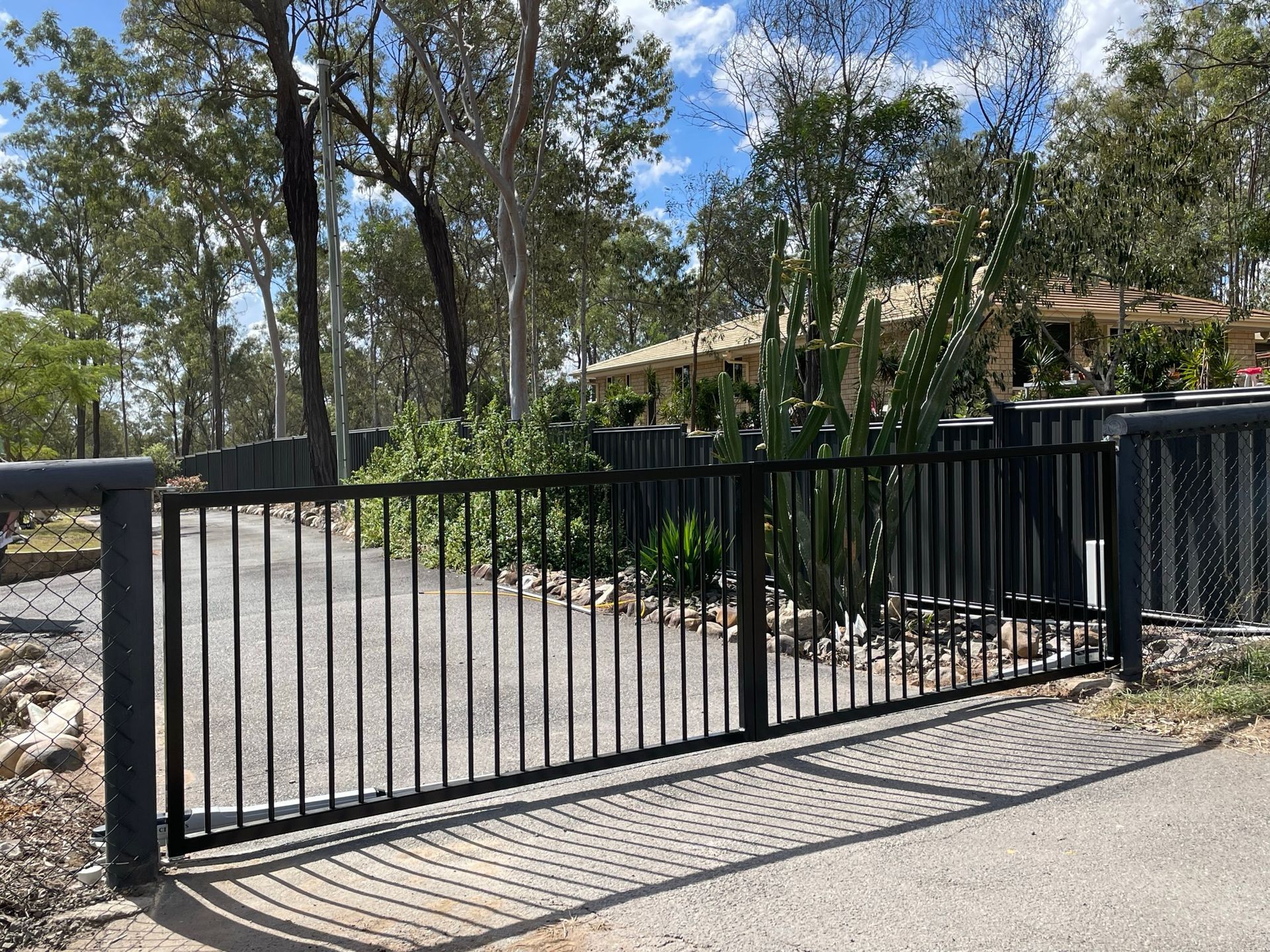 A black fence with a plant in front of it.