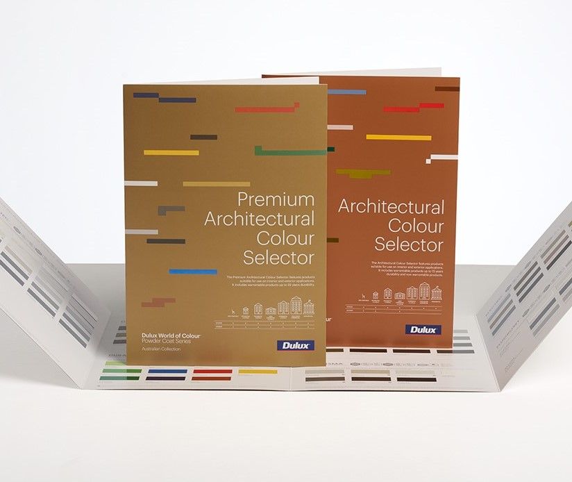 Some brochures about powder coatings that are titled premium architectural colour selector