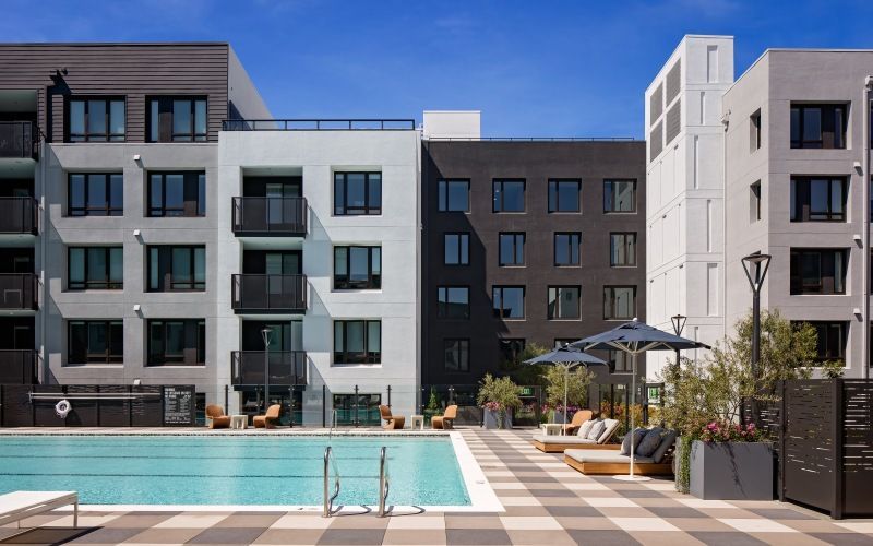 Modern apartment complex courtyard with a rectangular pool, lounge chairs, and umbrellas at Sofia, offers  pet-friendly apartments in Santa Clara.