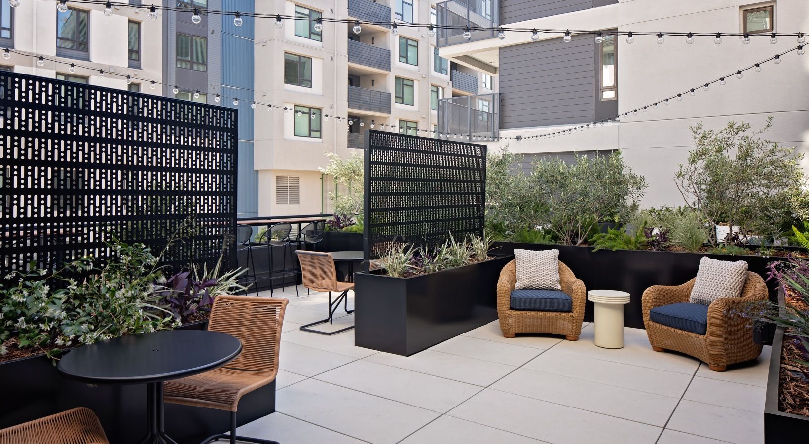 Outdoor communal patio with seating, planters, and string lights in a modern apartment complex at Sofia in Santa Clara, CA.