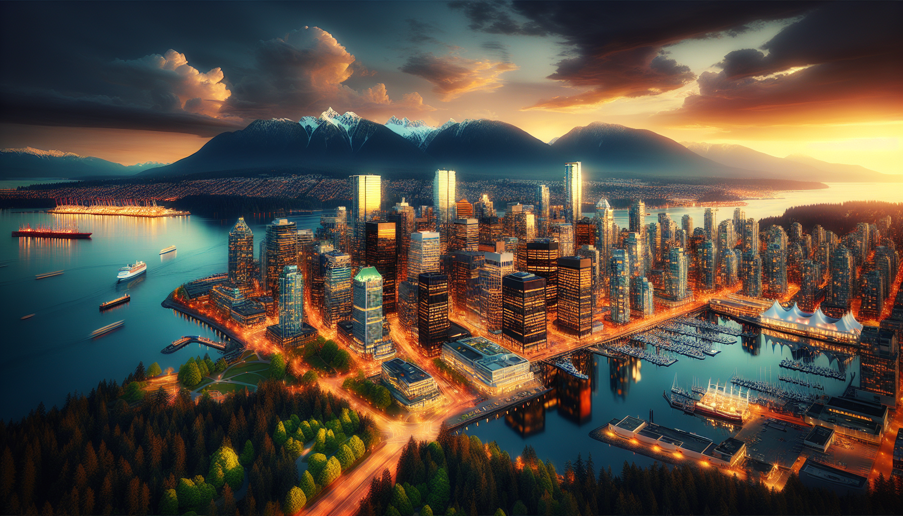 An aerial view of a city with mountains in the background at sunset.