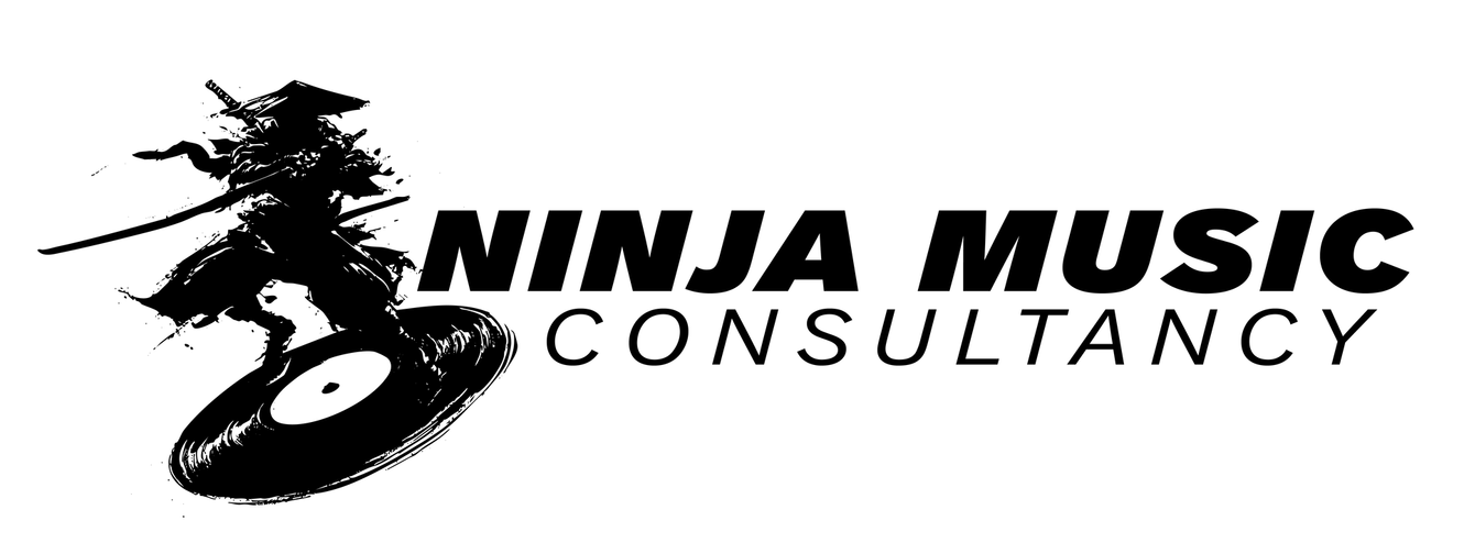 Logo: Ninja on a record, holding a sword.