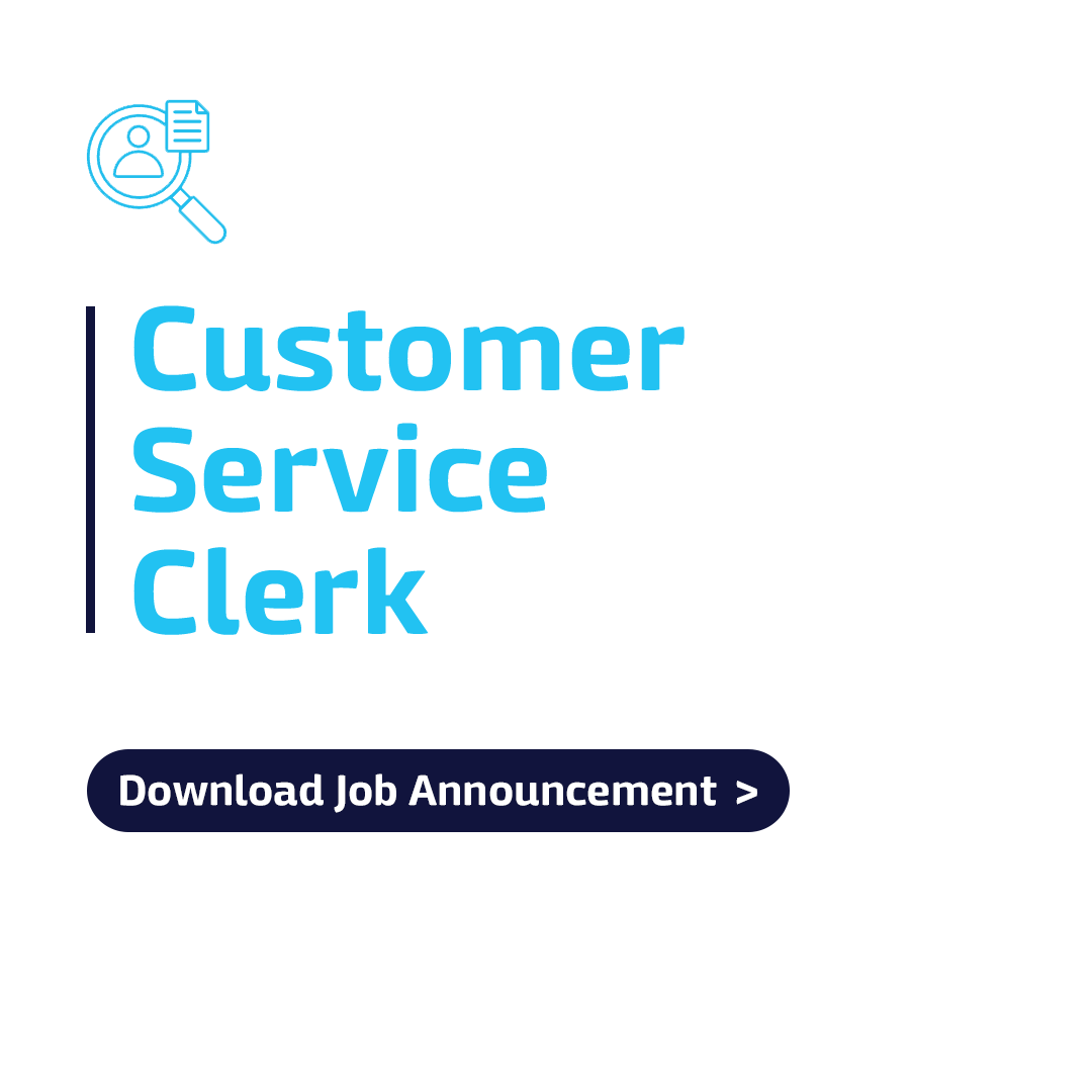 A blue and white logo for a customer service clerk.