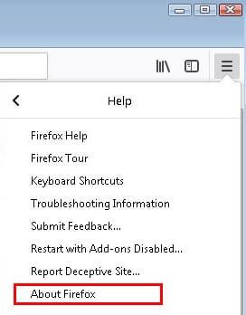 A screenshot of a computer screen showing the help menu and the about firefox button.