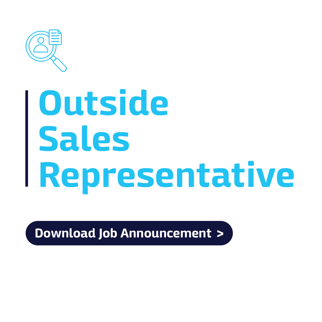 A logo for outside sales representative with a magnifying glass and a button to download job announcement.