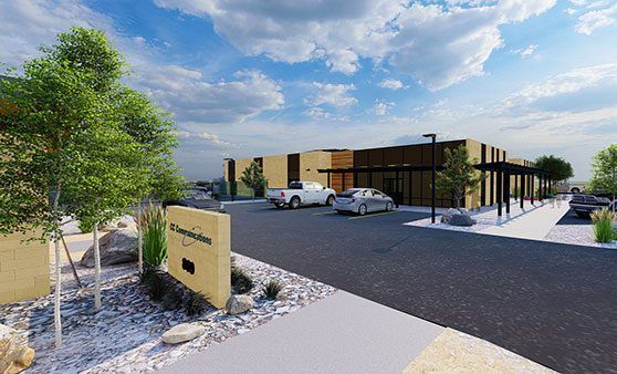 An artist 's impression of a new building with cars parked in front of it.
