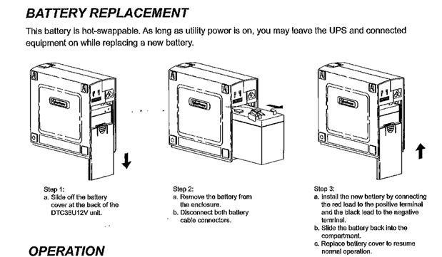A black and white drawing of a battery replacement procedure.