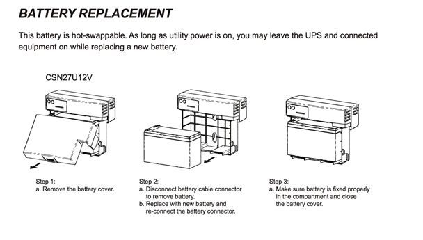 A diagram showing how to replace a battery on a ups.