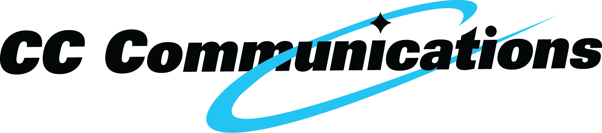 A logo for cc communications with a blue circle and a star.