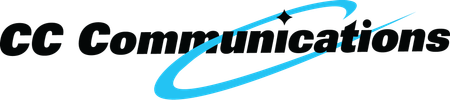 A logo for cc communications with a blue circle and a star.