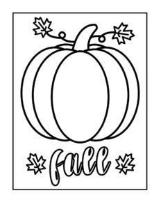 A black and white drawing of a pumpkin with leaves and the word fall.