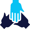 A blue hand is holding two black hands.