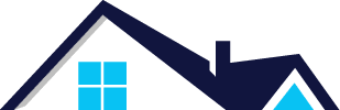 A blue and white house with a chimney and two windows.