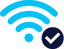 A blue and white wifi icon with a check mark next to it.