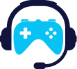 A blue video game controller with headphones and a microphone.