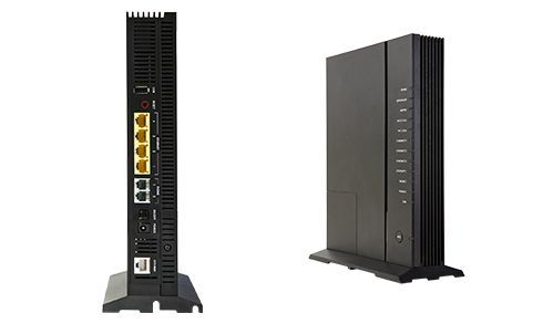 The back of a modem and the front of a modem on a white background.