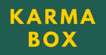 A green background with yellow letters that say karma box