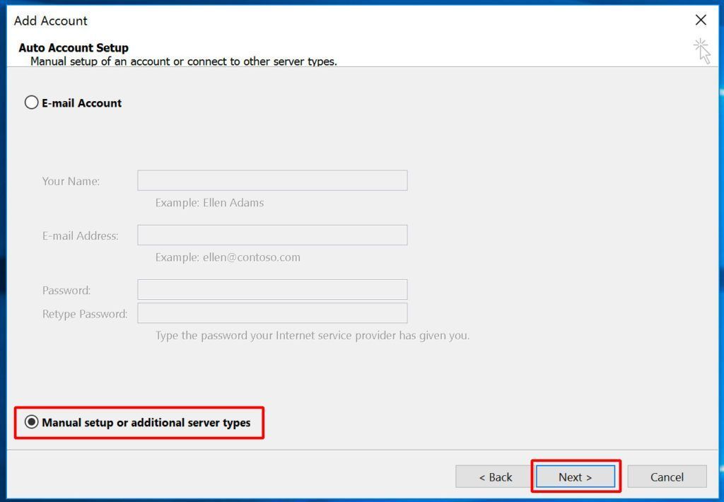 A computer screen shows a wizard to create an email account.
